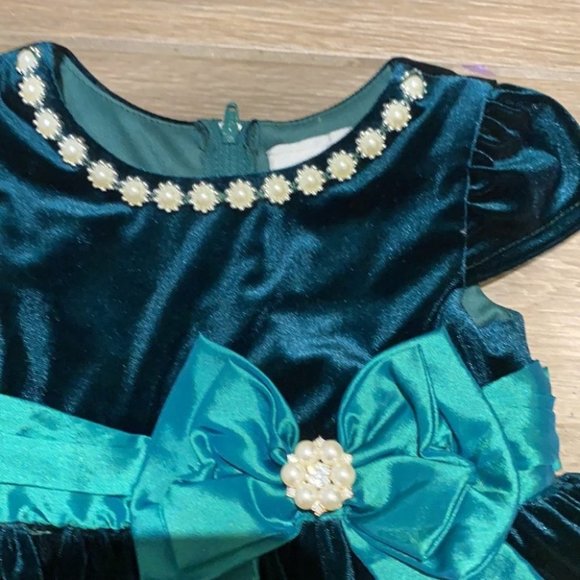 Rare Editions Girl Green Velvet Cap Sleeves Bow Tie Dress Size 3T - Picture 3 of 6